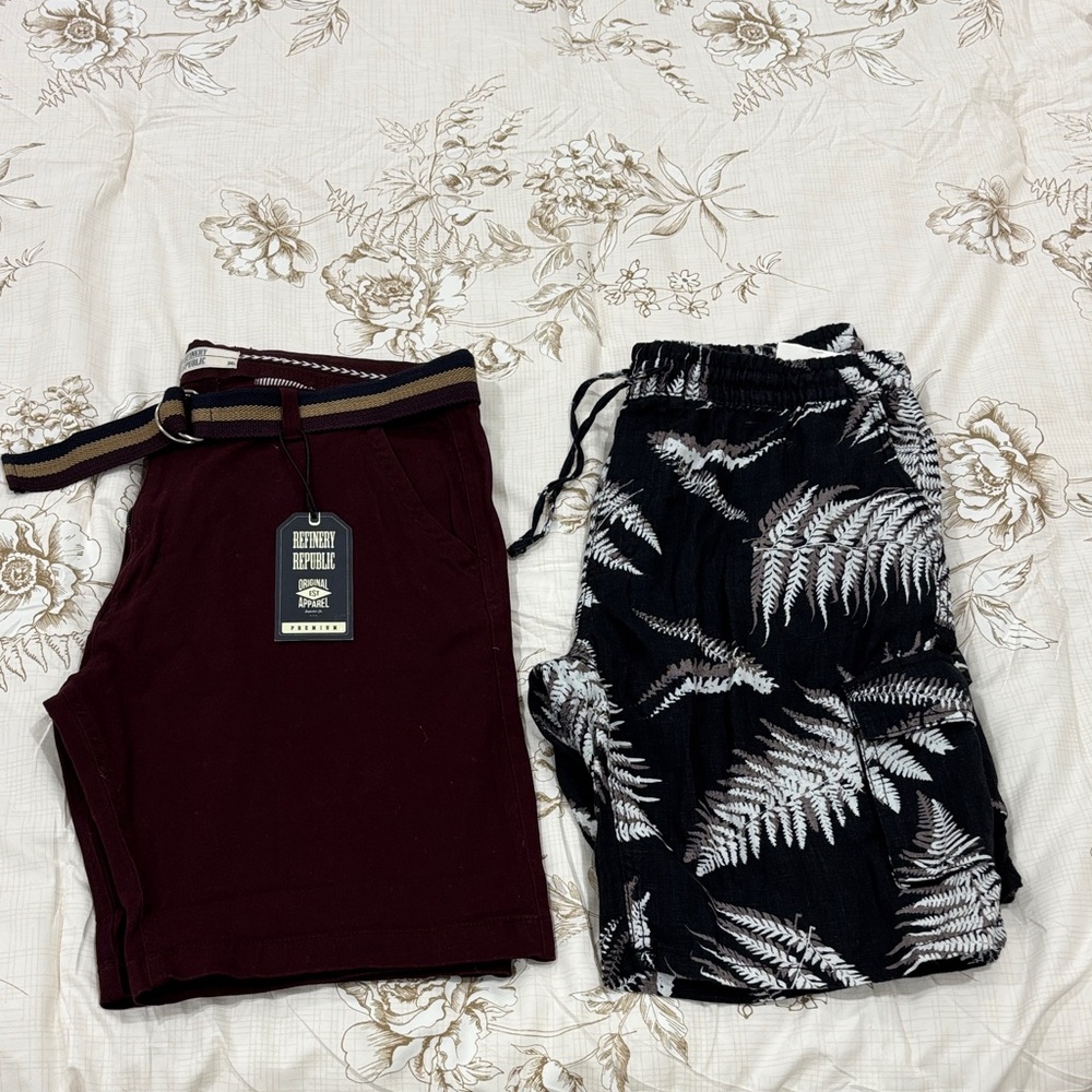 Burgundy Shorts and Black Fern Print Pants
